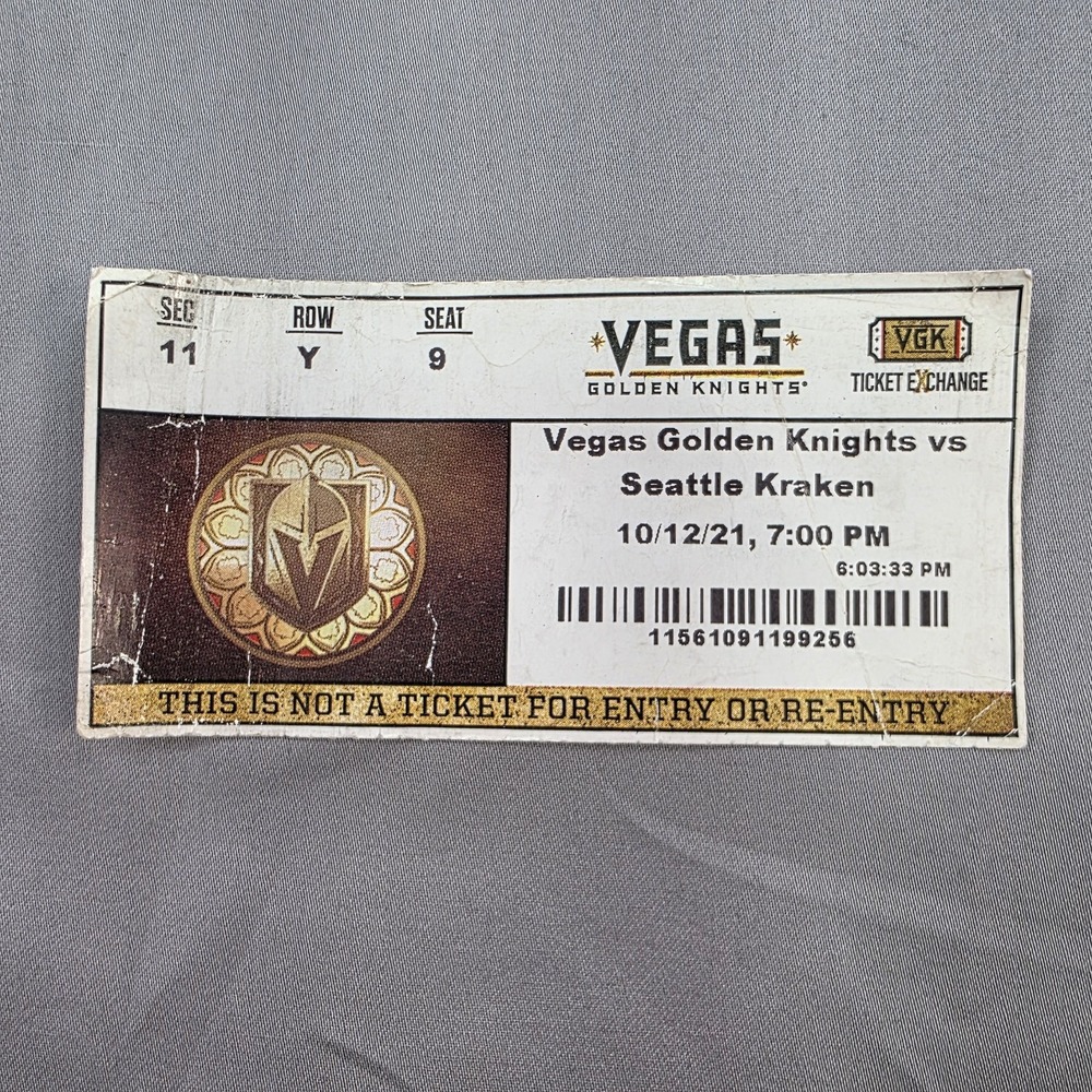Seattle Kraken vs. Las Vegas Golden Knights Inaugural Game Ticket‎ Stub 10/12/21